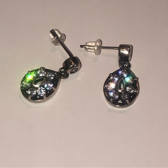 vintage Sterling & White Cz Stone Fancy Pear Shape Teardrop Dangle Studs .8” - Picture 6 of 7